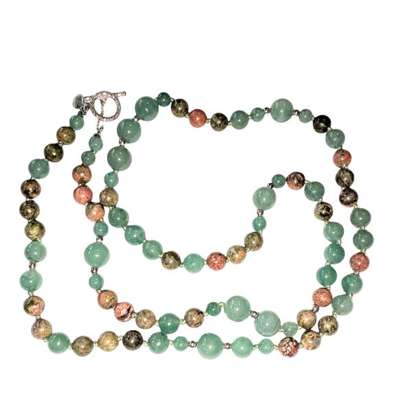 Vintage Jewelry - VTG 925 Sterling Silver India Stamped Jade Beaded Necklace Green Orange 33 Inch